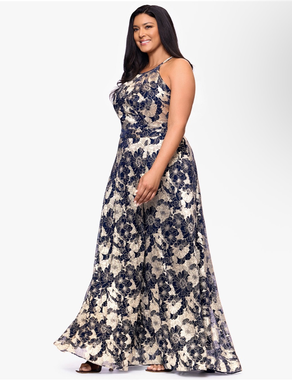 Betsy & Adam Navy and Cream Floral Lace Maxi Gown